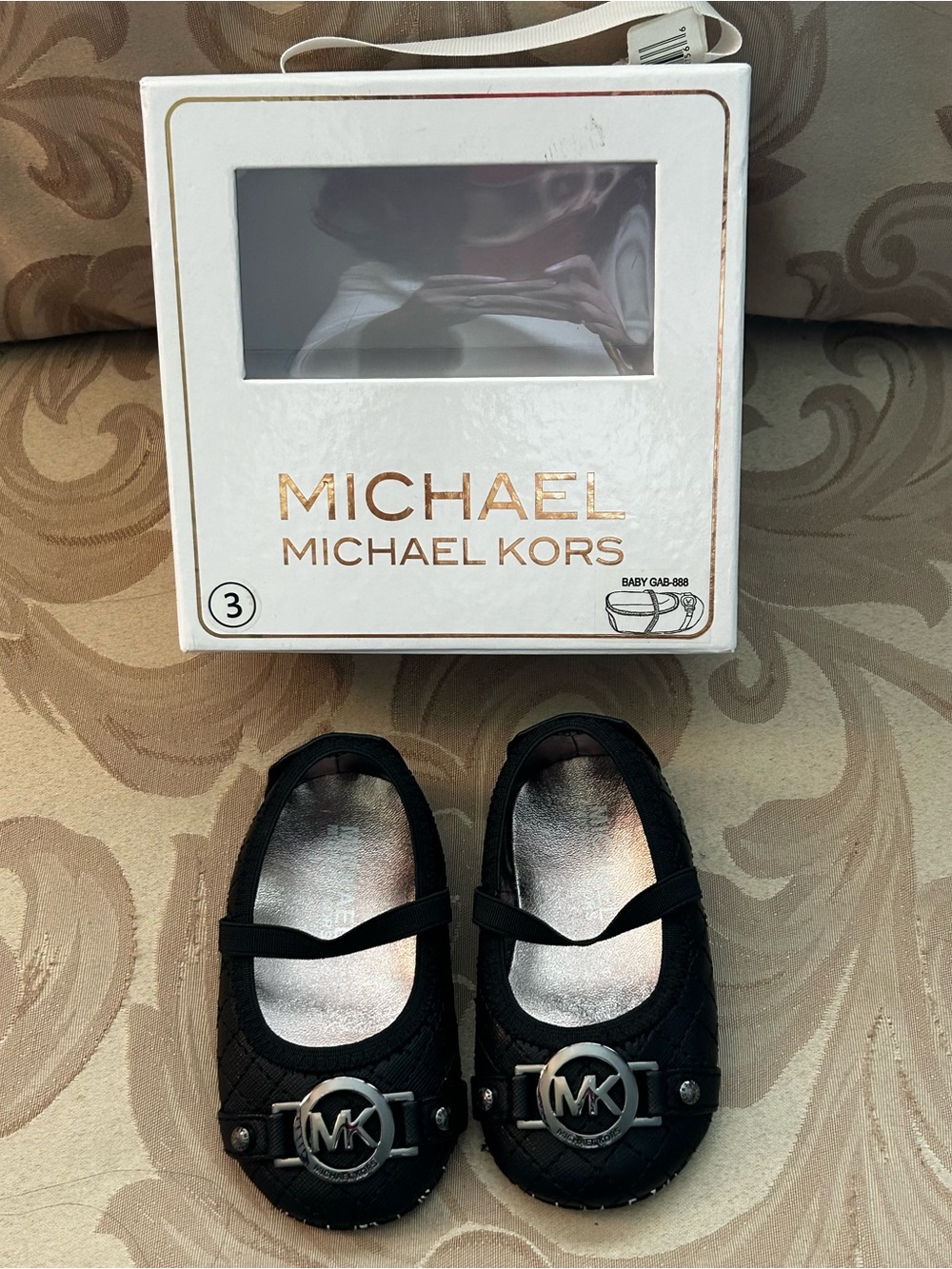 Michael Kors Infant Girl 3 Black Silver ballet Flat Mary Jane’s Shoes Quilted
